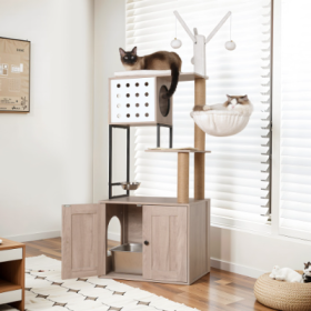 Cat Tree With Litter Box Enclosure - Modern Cat Condo With Scratching Posts, Feeding Bowl  Removable Pompom Sticks, Gray