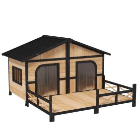 59x64x39 Large Wooden Dog House Raised Weatherproof Rustic Log Cabin Style Elevated Pet Shelter Porch Deck, Natural